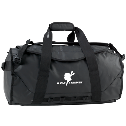 Lækker rejsetaske i sort med hvid Wolf Camper logo på midten